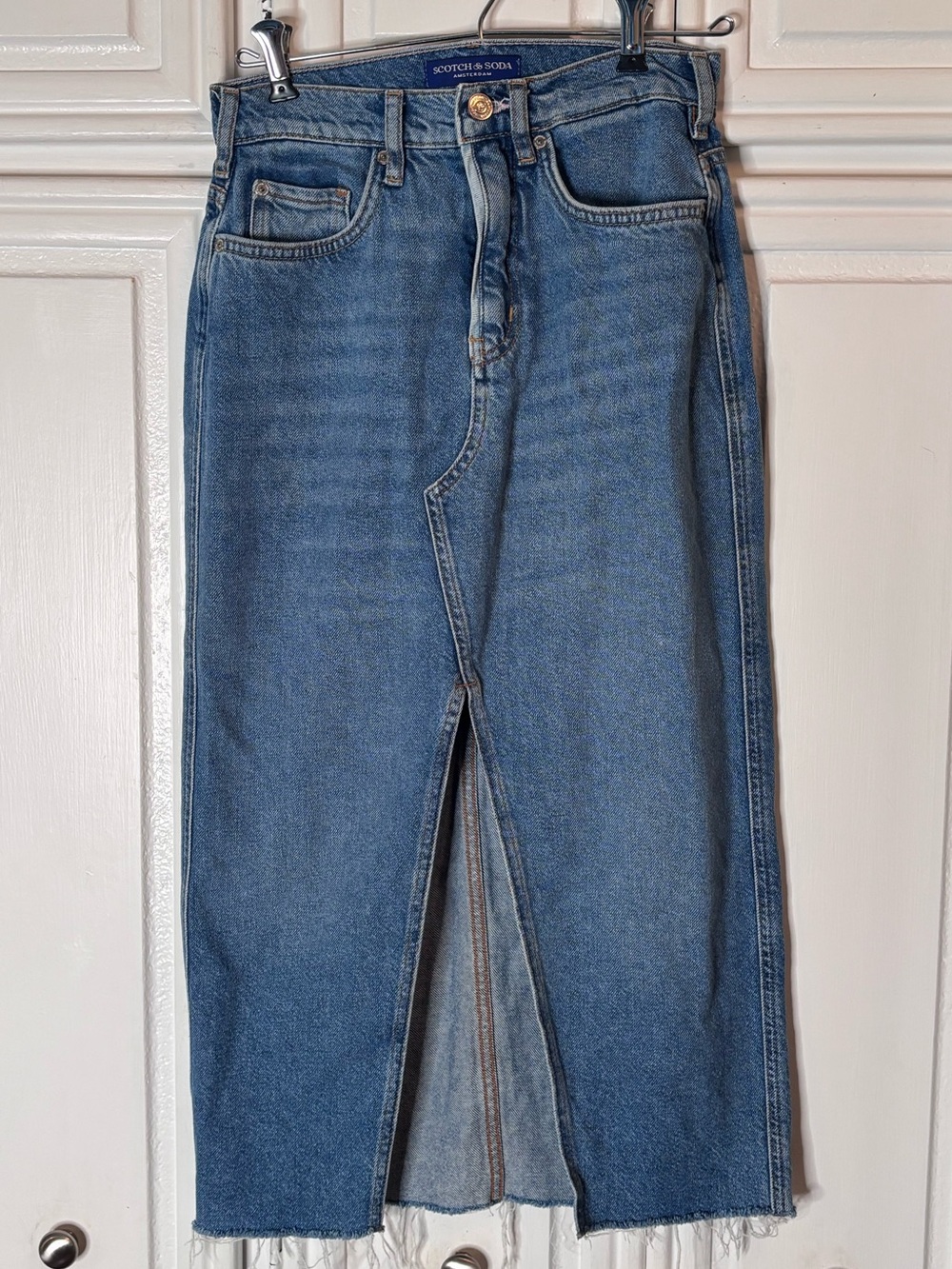 Scotch & Soda Denim Midi Skirt XS Blue Front Slit Raw Hem
